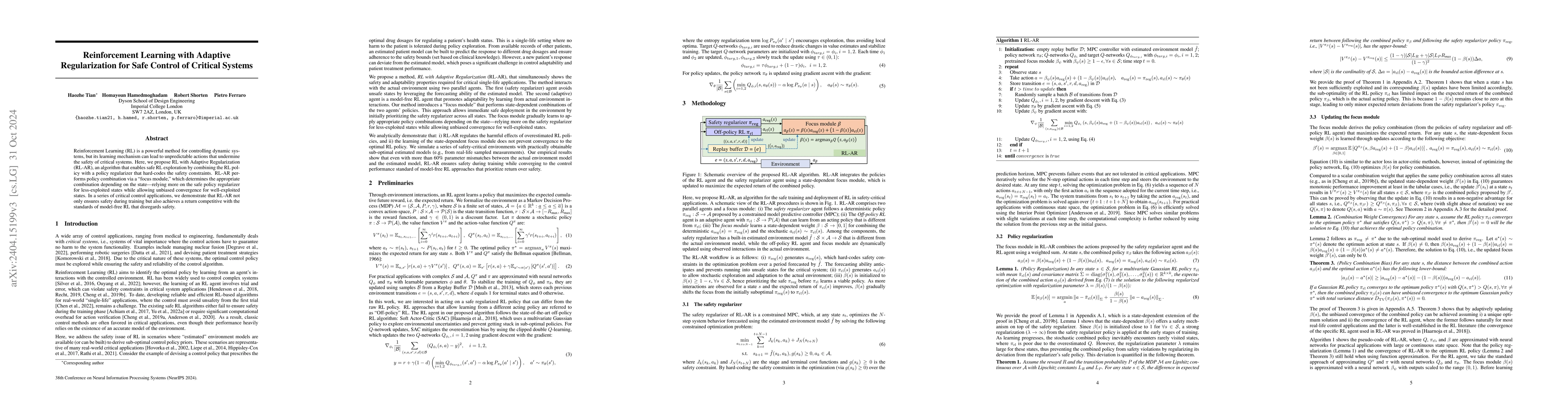 Thumbnail for Reinforcement Learning with Adaptive Control Regularization for Safe
  Control of Critical Systems