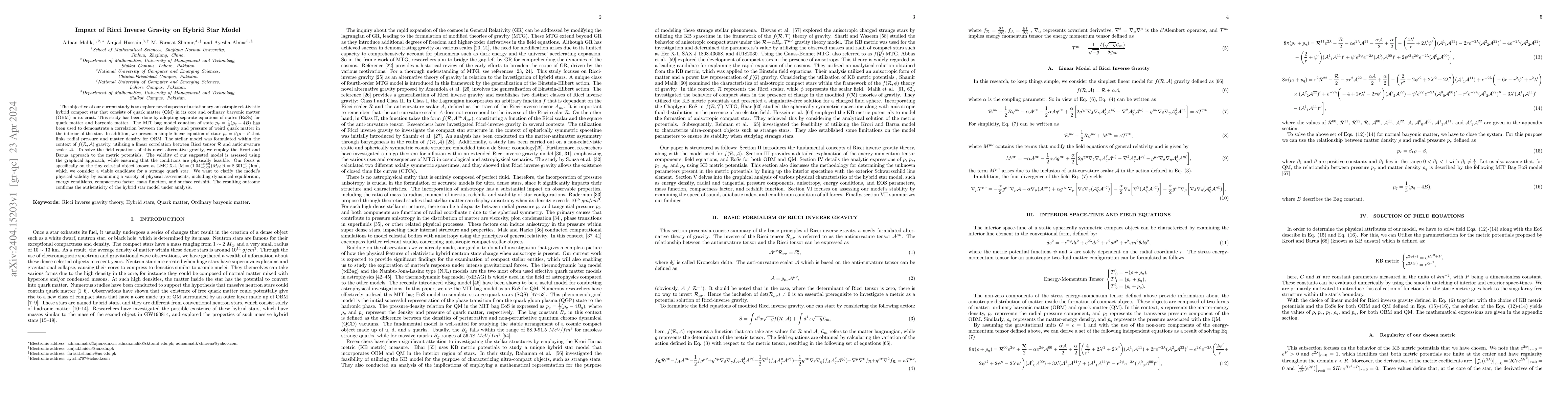 Thumbnail for Impact of Ricci Inverse Gravity on Hybrid Star Model