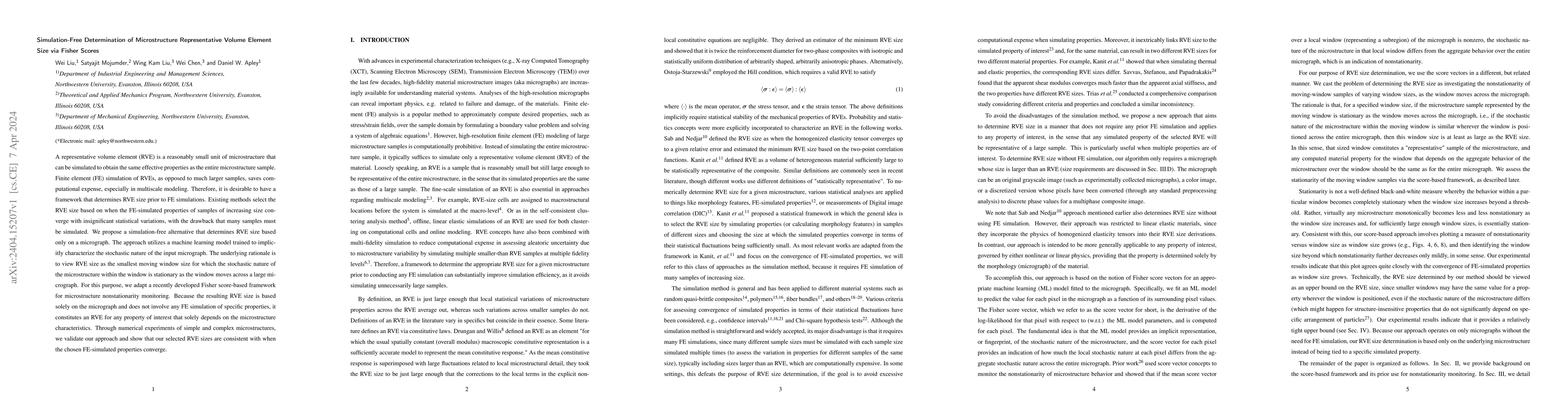 Thumbnail for Simulation-Free Determination of Microstructure Representative Volume
  Element Size via Fisher Scores