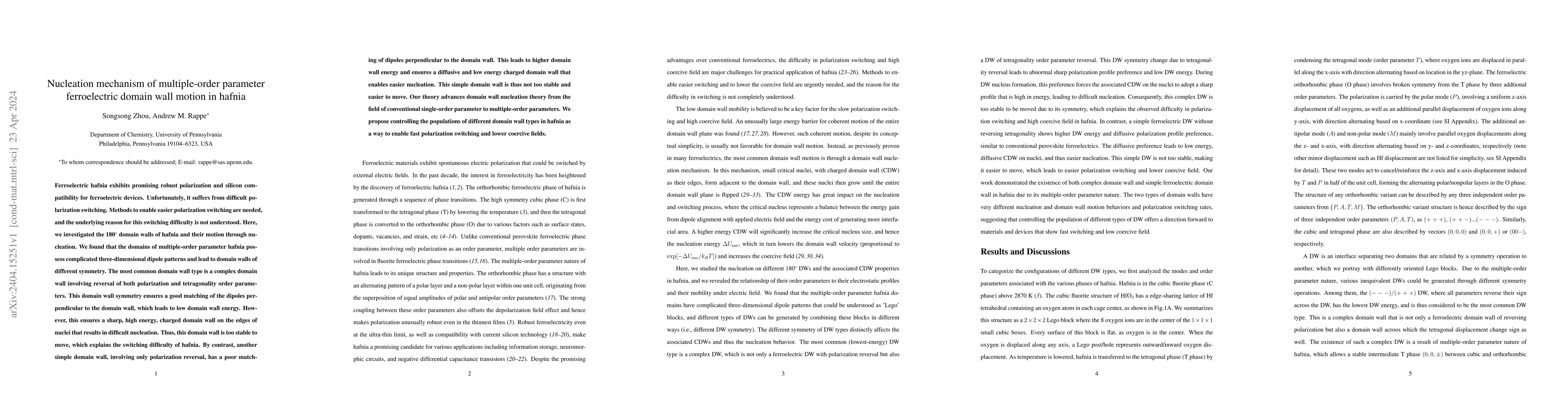 Thumbnail for Nucleation mechanism of multiple-order parameter ferroelectric domain
  wall motion in hafnia