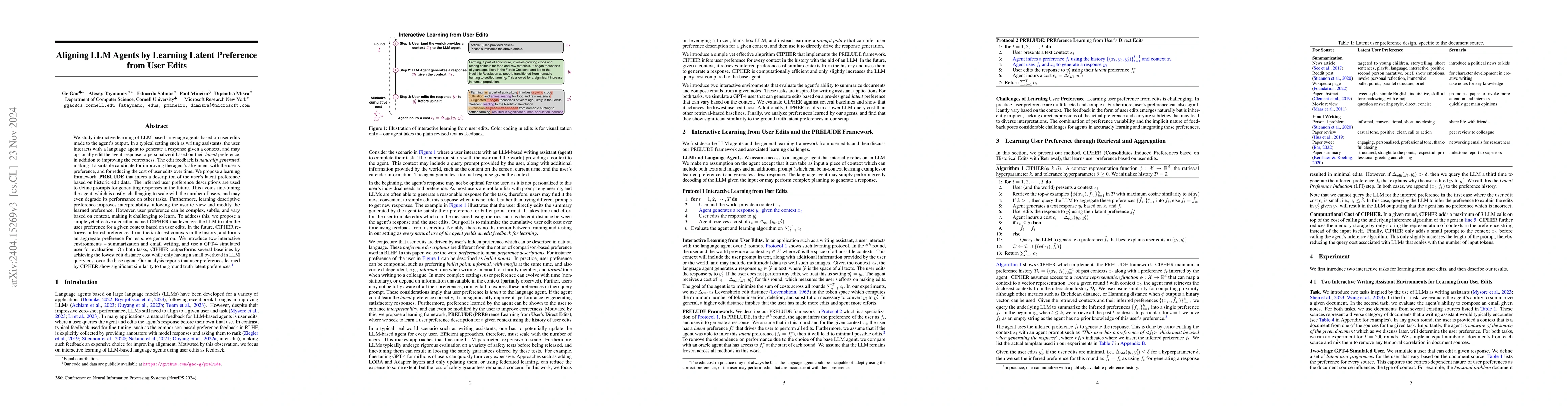 Thumbnail for Aligning LLM Agents by Learning Latent Preference from User Edits