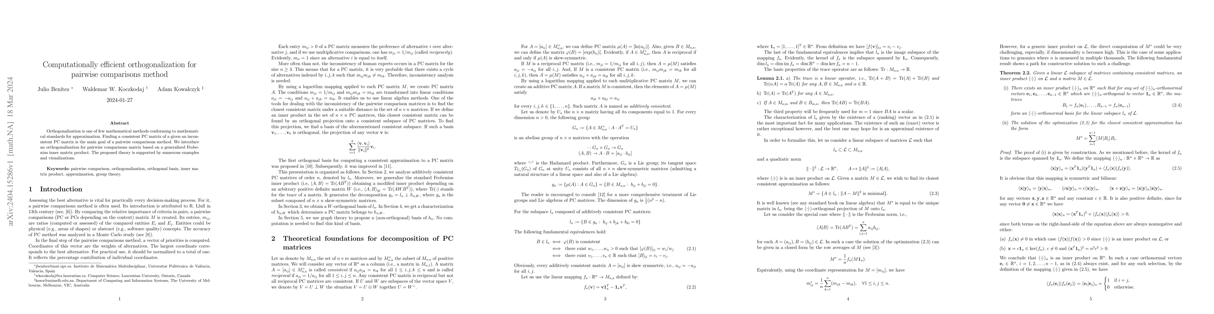 Thumbnail for Computationally efficient orthogonalization for pairwise comparisons
  method
