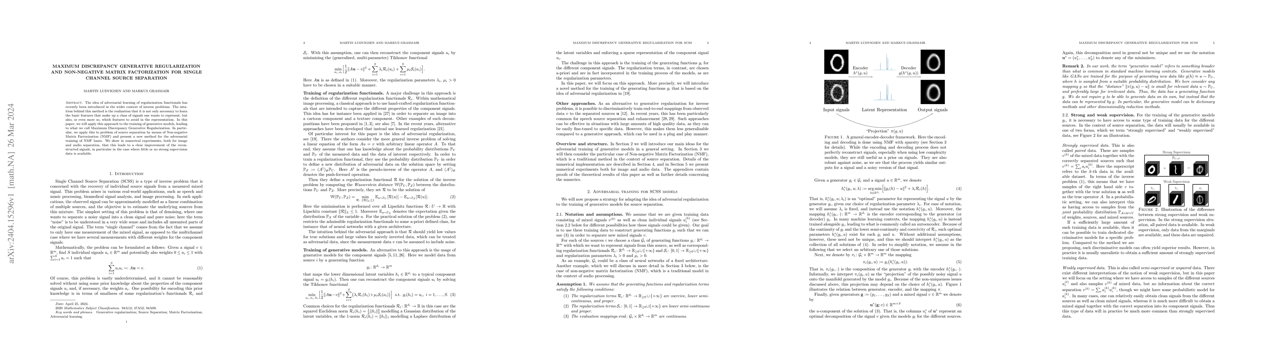 Thumbnail for Maximum Discrepancy Generative Regularization and Non-Negative Matrix
  Factorization for Single Channel Source Separation