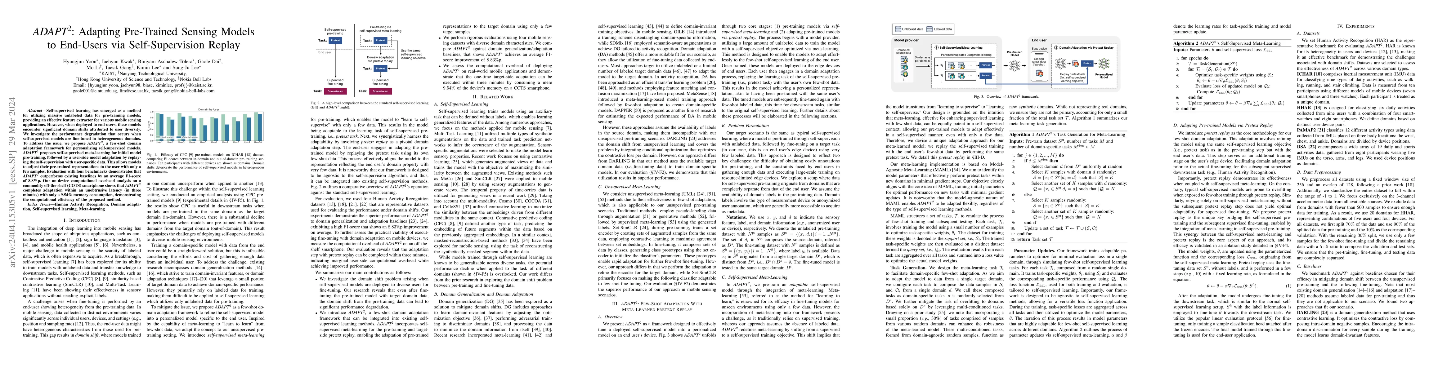 Thumbnail for ADAPT^2: Adapting Pre-Trained Sensing Models to End-Users via
  Self-Supervision Replay