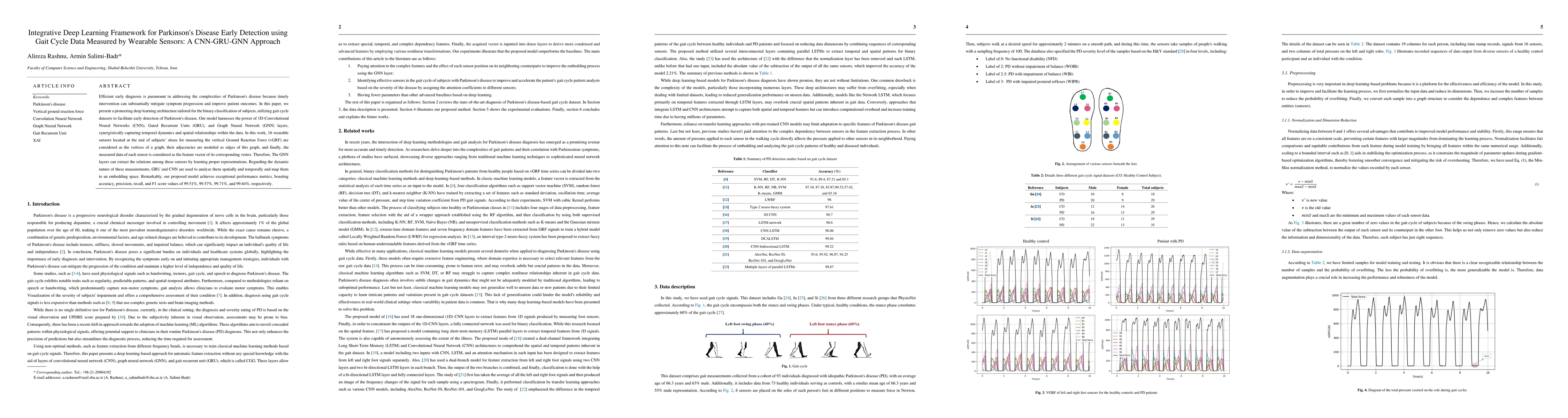 Thumbnail for Integrative Deep Learning Framework for Parkinson's Disease Early
  Detection using Gait Cycle Data Measured by Wearable Sensors: A CNN-GRU-GNN
  Approach