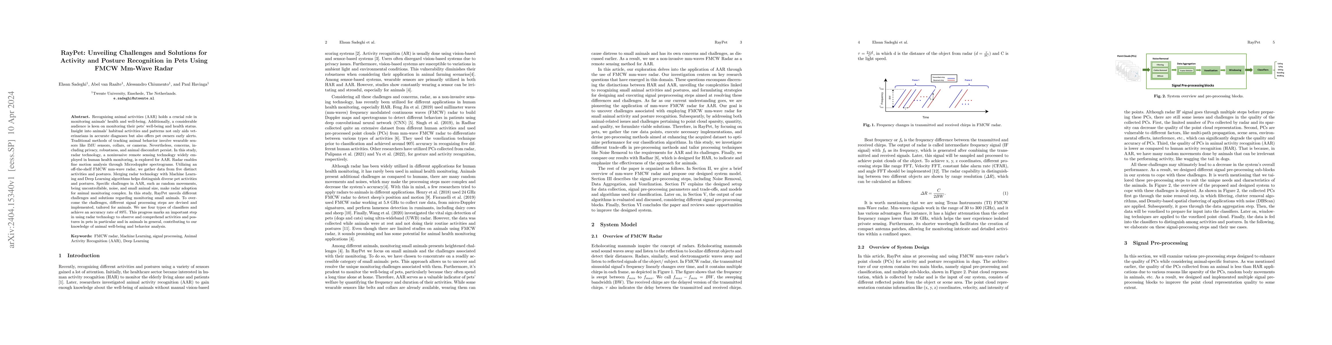 Thumbnail for RayPet: Unveiling Challenges and Solutions for Activity and Posture
  Recognition in Pets Using FMCW Mm-Wave Radar