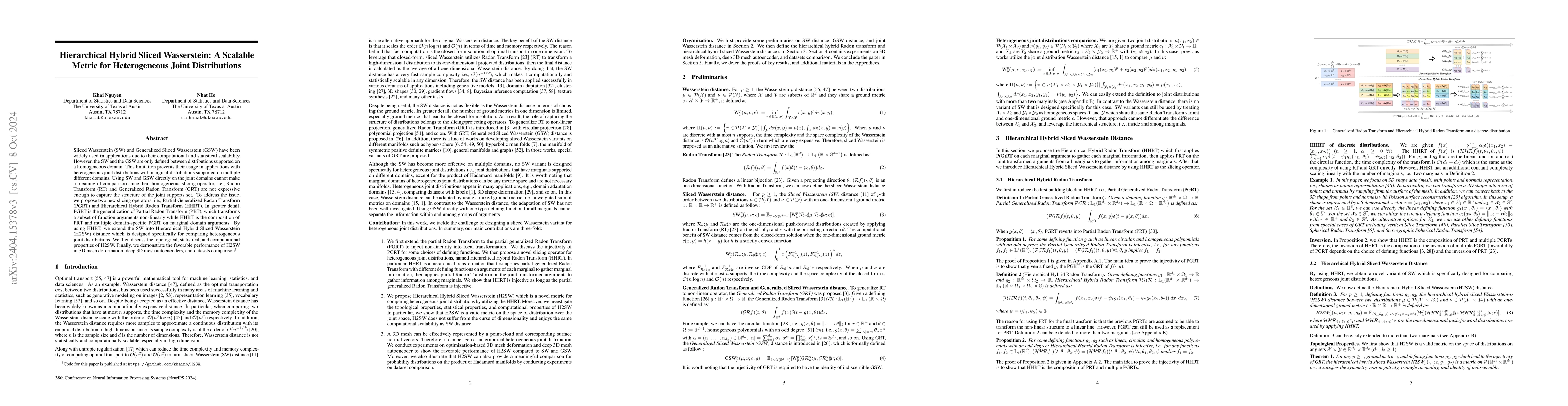 Thumbnail for Hierarchical Hybrid Sliced Wasserstein: A Scalable Metric for
  Heterogeneous Joint Distributions