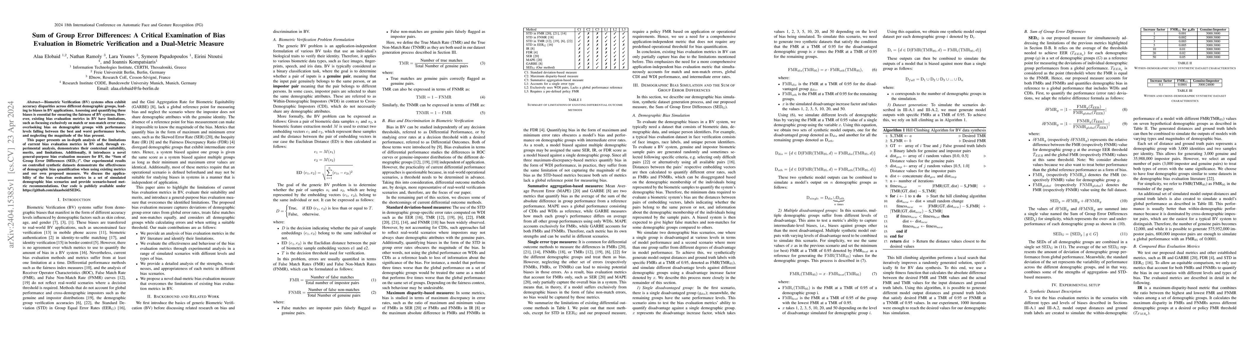 Thumbnail for Sum of Group Error Differences: A Critical Examination of Bias
  Evaluation in Biometric Verification and a Dual-Metric Measure