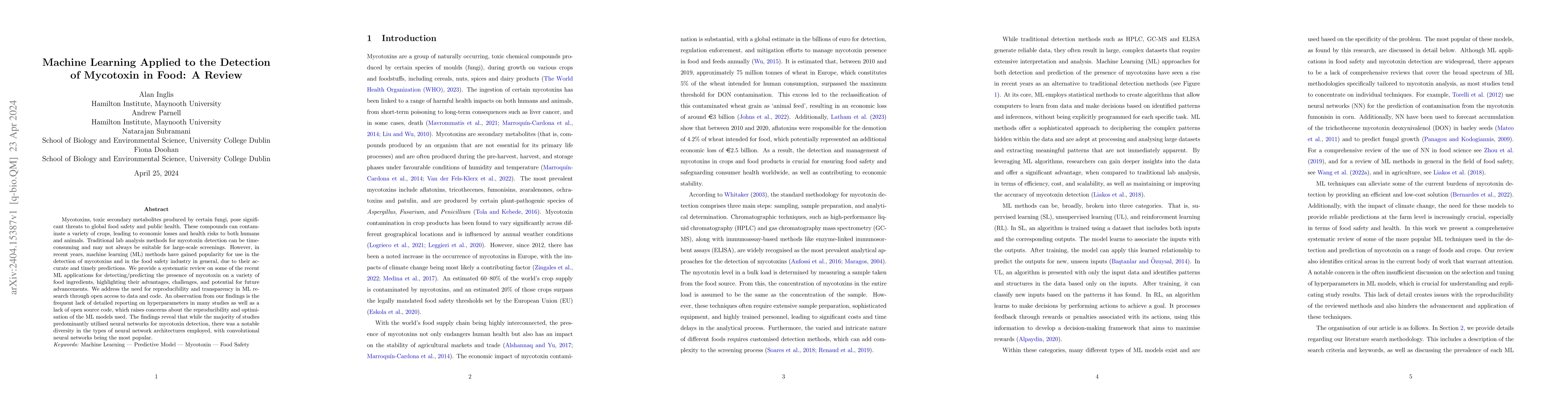 Thumbnail for Machine Learning Applied to the Detection of Mycotoxin in Food: A Review