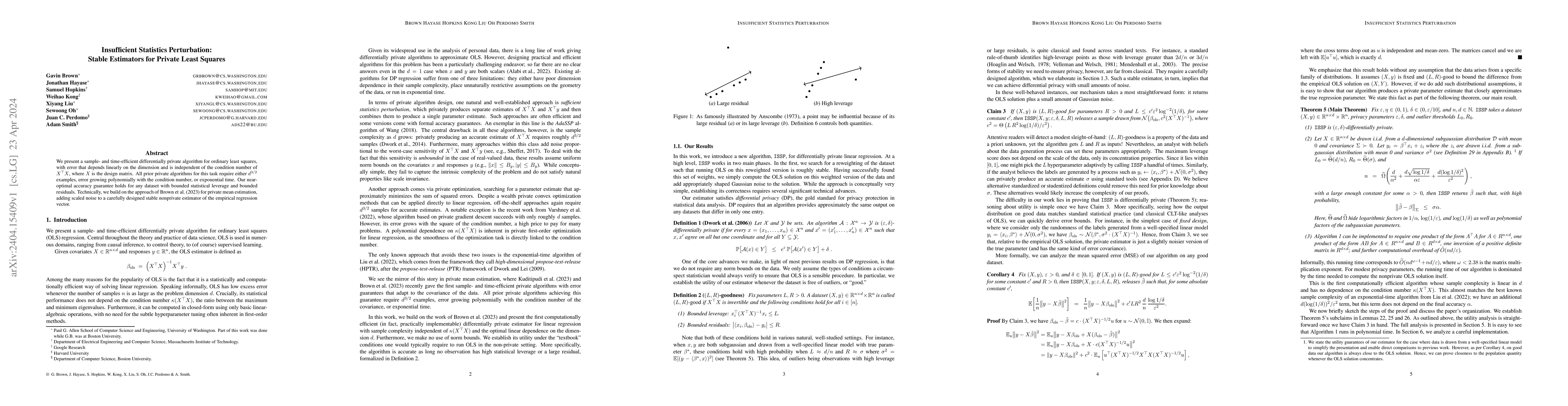 Thumbnail for Insufficient Statistics Perturbation: Stable Estimators for Private
  Least Squares