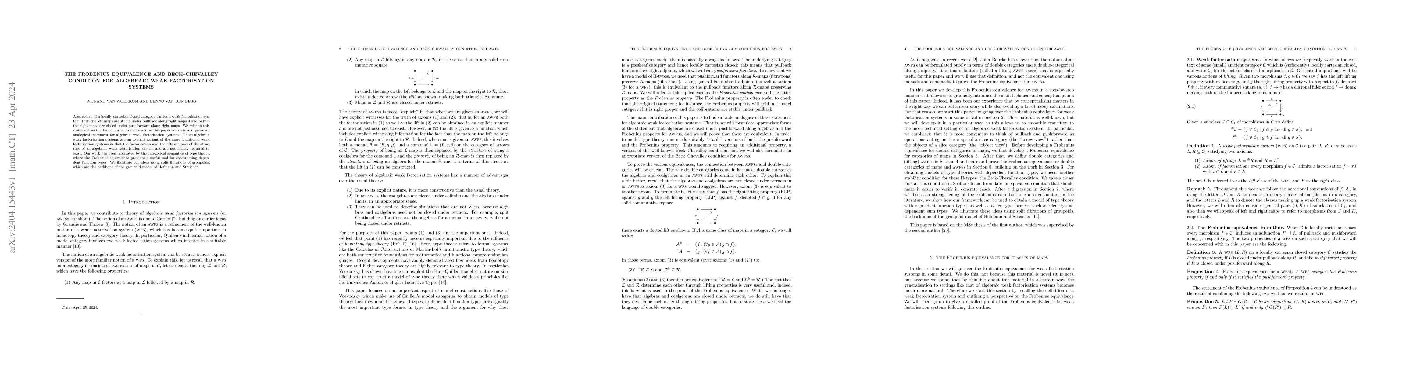 Thumbnail for The Frobenius equivalence and Beck-Chevalley condition for Algebraic
  Weak Factorisation Systems