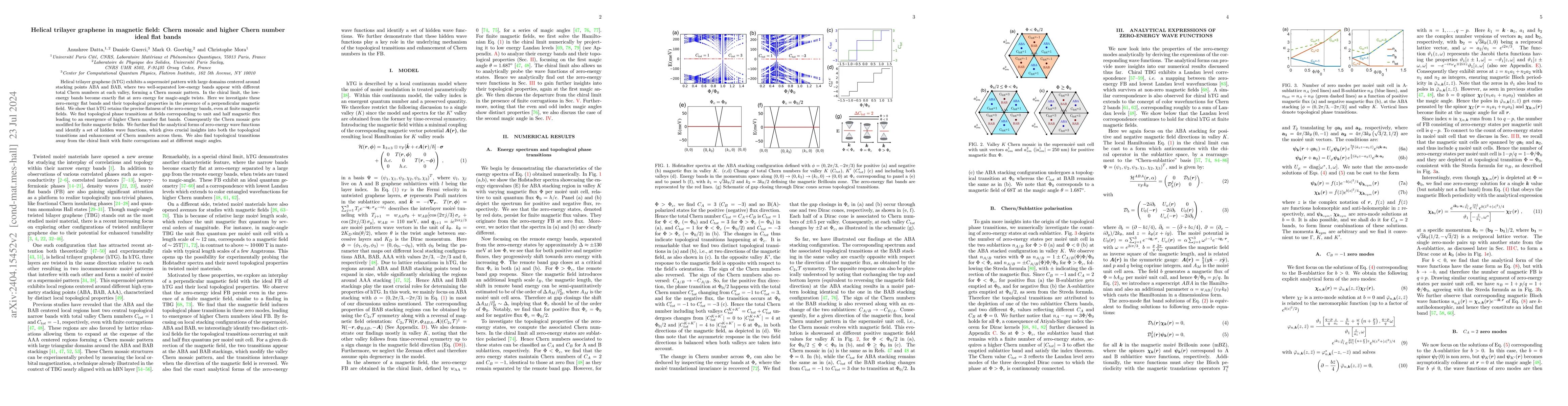 Thumbnail for Helical trilayer graphene in magnetic field: Chern mosaic and higher
  Chern number ideal flat bands