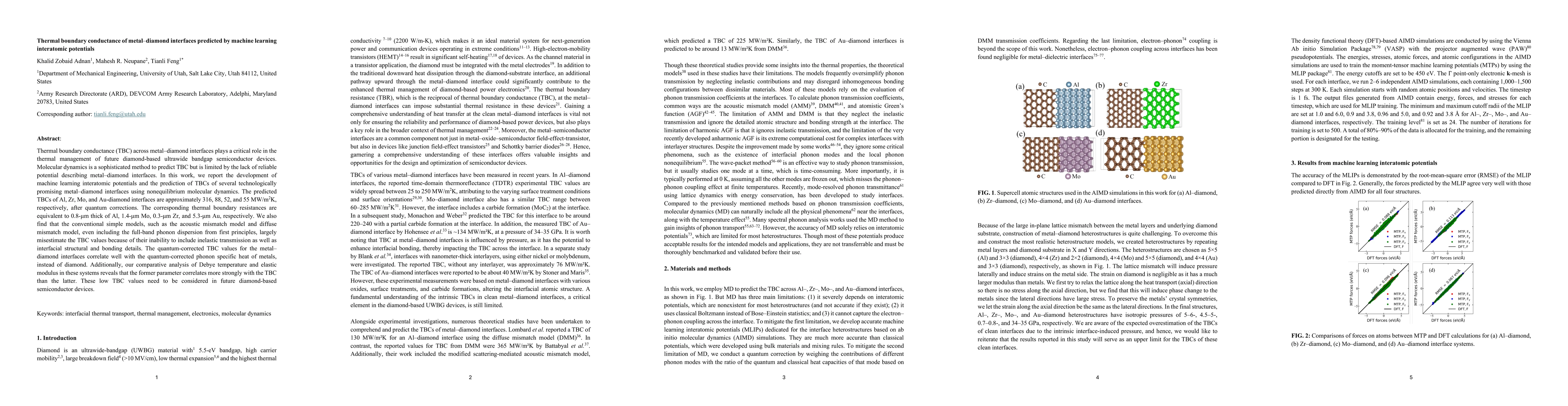 Thumbnail for Thermal boundary conductance of metal diamond interfaces predicted by
  machine learning interatomic potentials