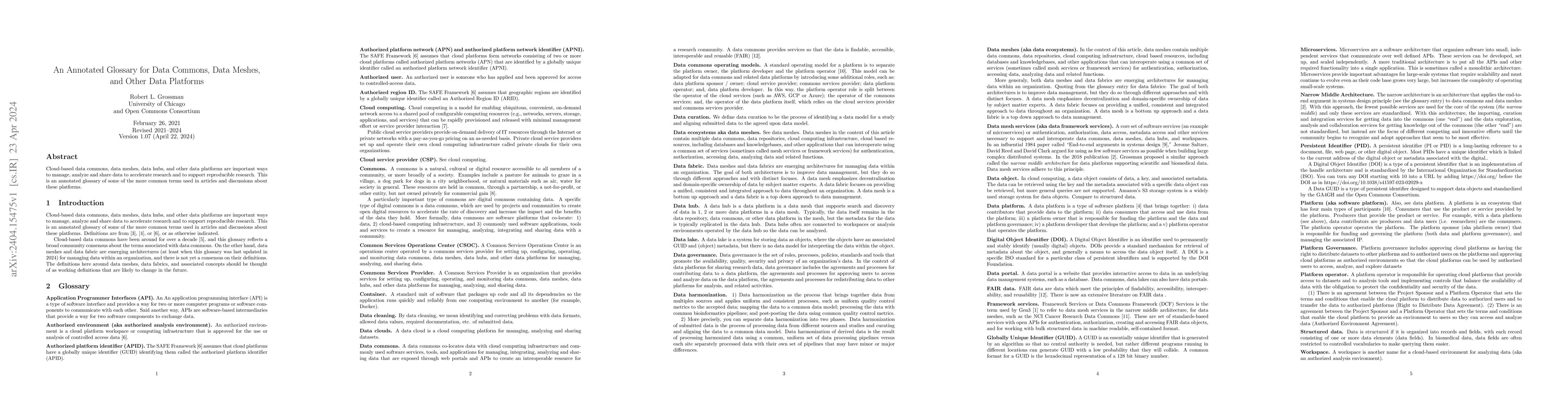 Thumbnail for An Annotated Glossary for Data Commons, Data Meshes, and Other Data
  Platforms