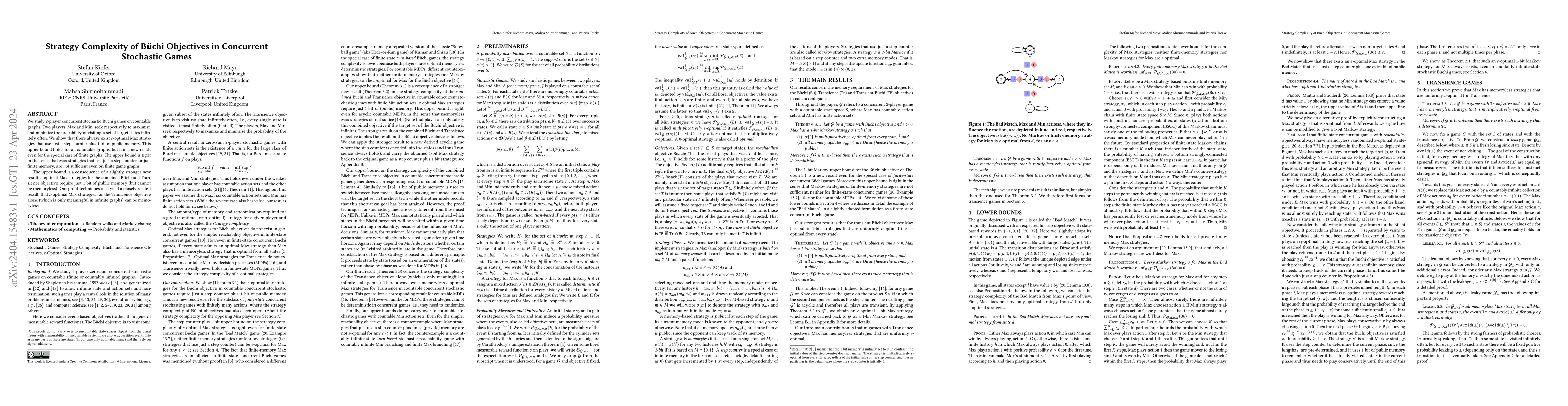Thumbnail for Strategy Complexity of B\"uchi Objectives in Concurrent Stochastic Games