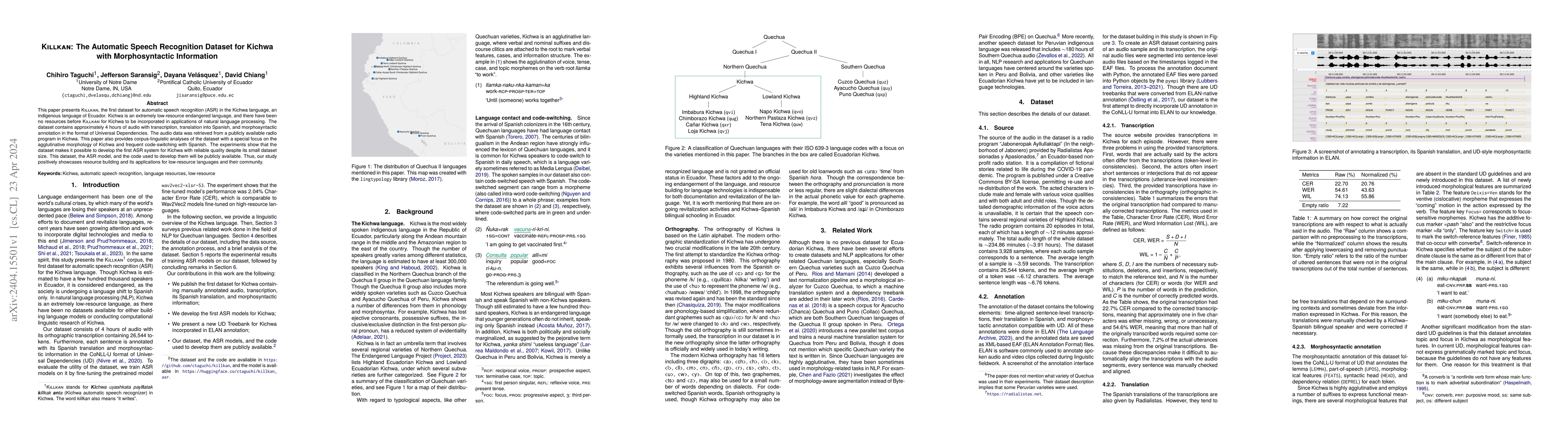 Thumbnail for Killkan: The Automatic Speech Recognition Dataset for Kichwa with
  Morphosyntactic Information