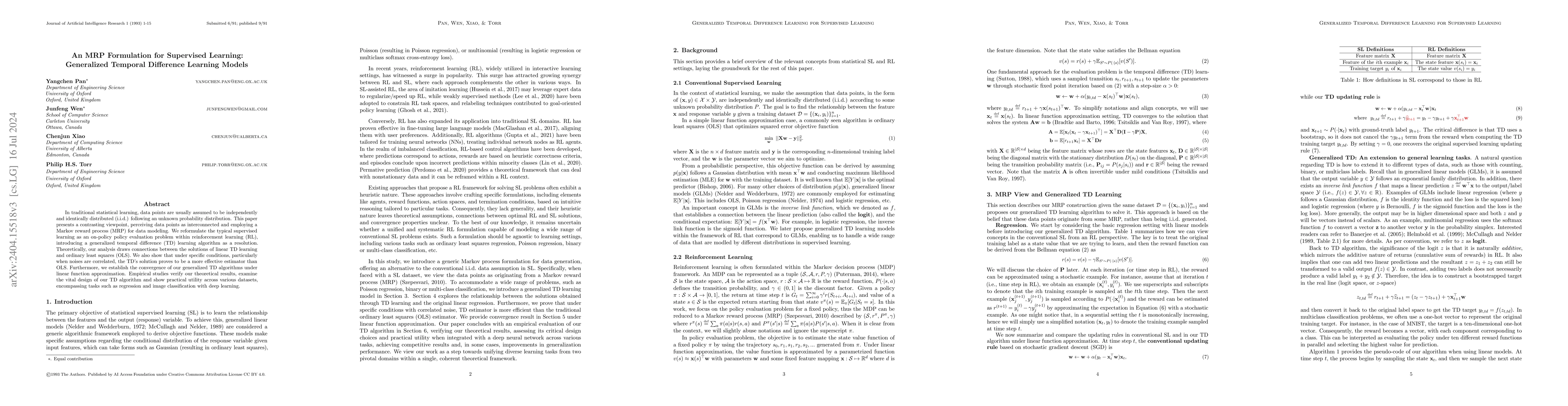 Thumbnail for An MRP Formulation for Supervised Learning: Generalized Temporal
  Difference Learning Models