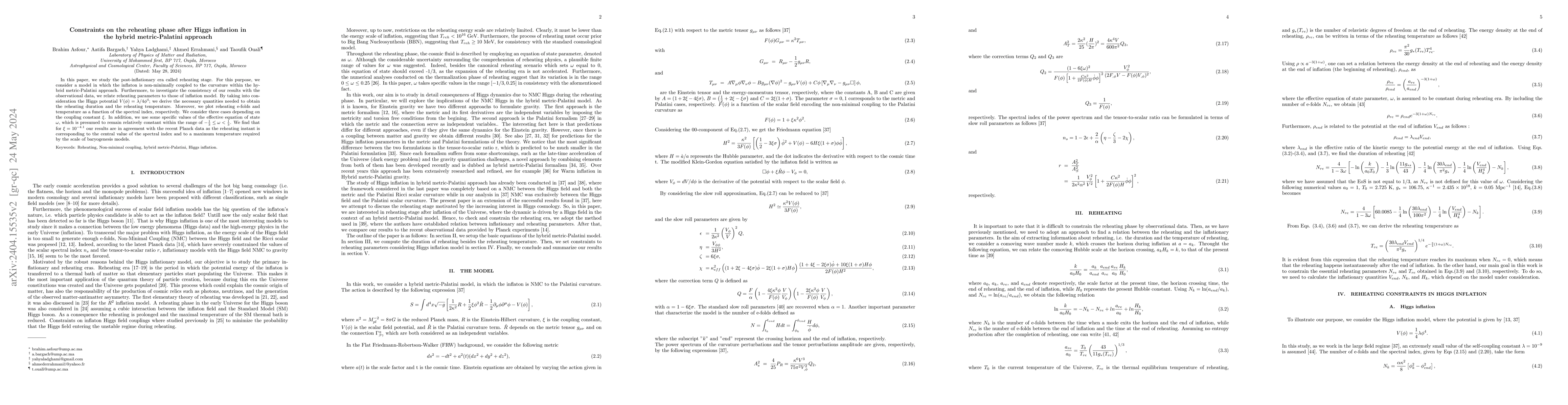 Thumbnail for Constraints on the reheating phase after Higgs inflation in the hybrid
  metric-Palatini approach