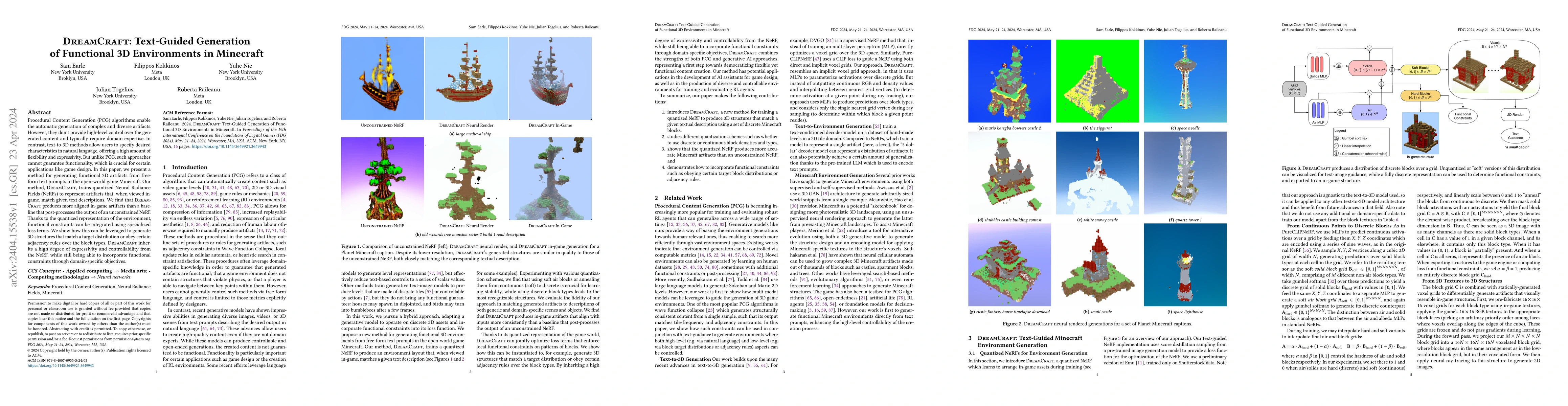 Thumbnail for DreamCraft: Text-Guided Generation of Functional 3D Environments in
  Minecraft