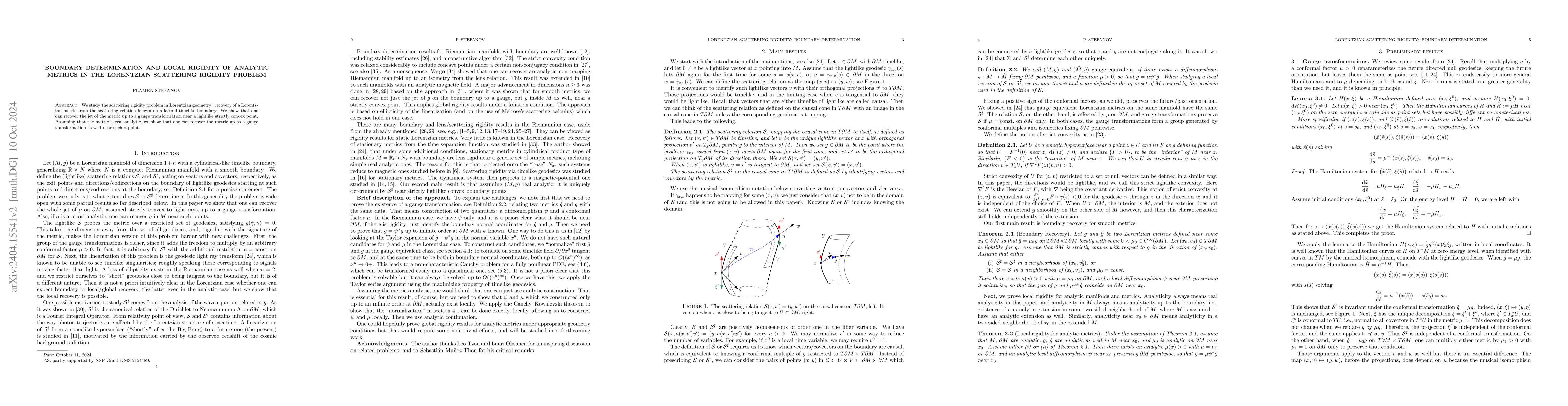 Thumbnail for Boundary determination and local rigidity of analytic metrics in the
  Lorentzian scattering rigidity problem