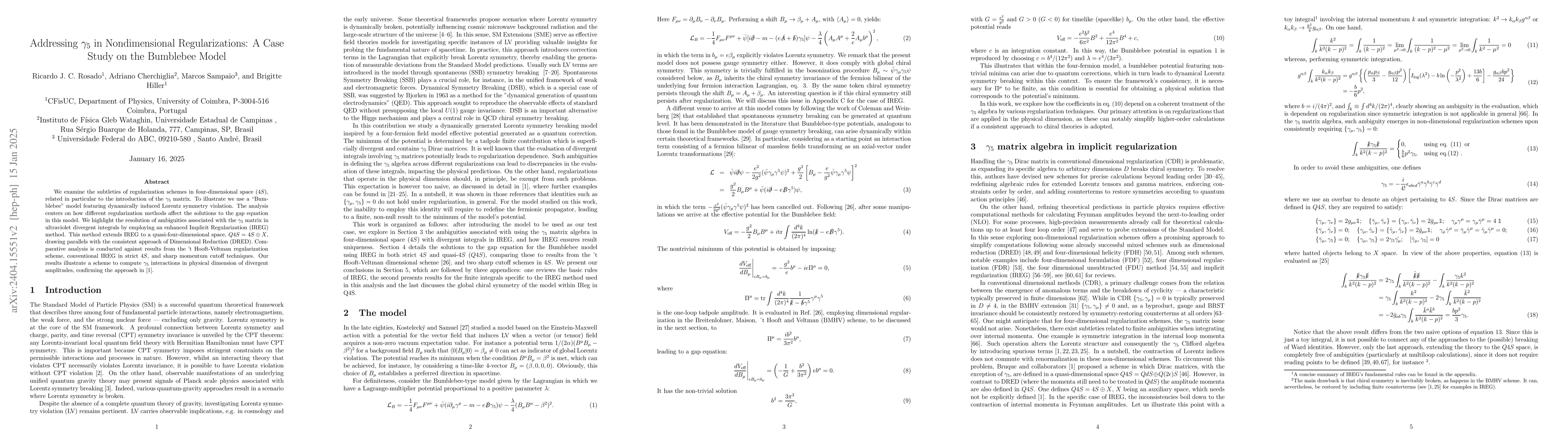 Thumbnail for $\gamma_5$ subtleties in distinct regularizations: the Bumblebee model
  example