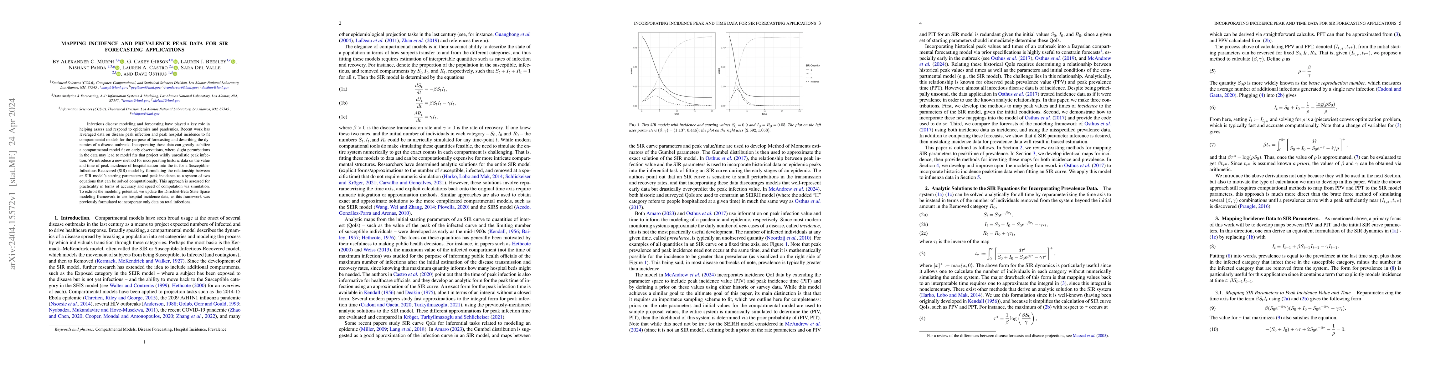 Thumbnail for Mapping Incidence and Prevalence Peak Data for SIR Forecasting
  Applications
