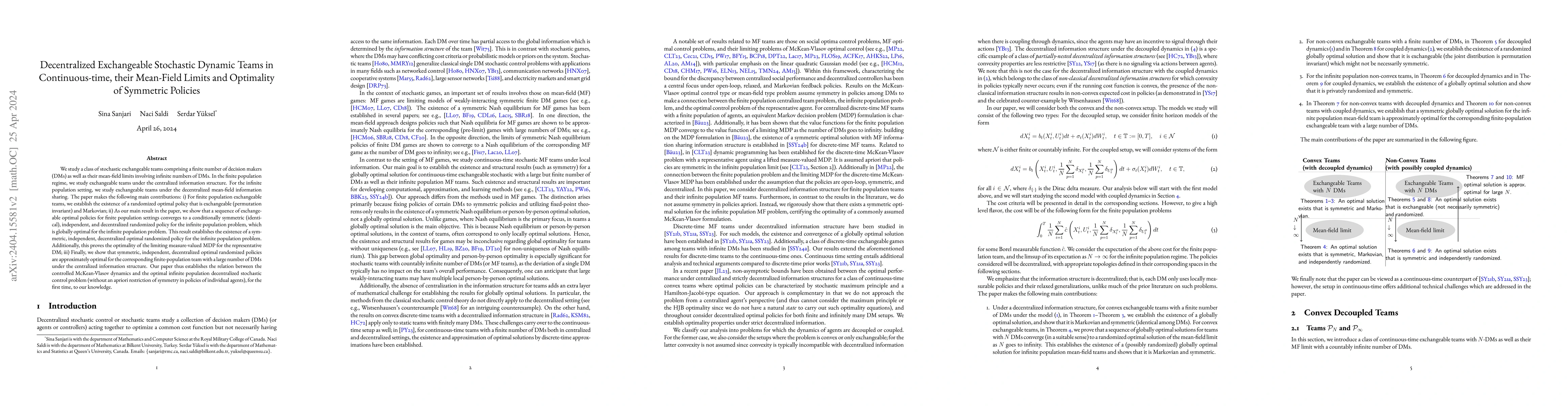Thumbnail for Decentralized Exchangeable Stochastic Dynamic Teams in Continuous-time,
  their Mean-Field Limits and Optimality of Symmetric Policies