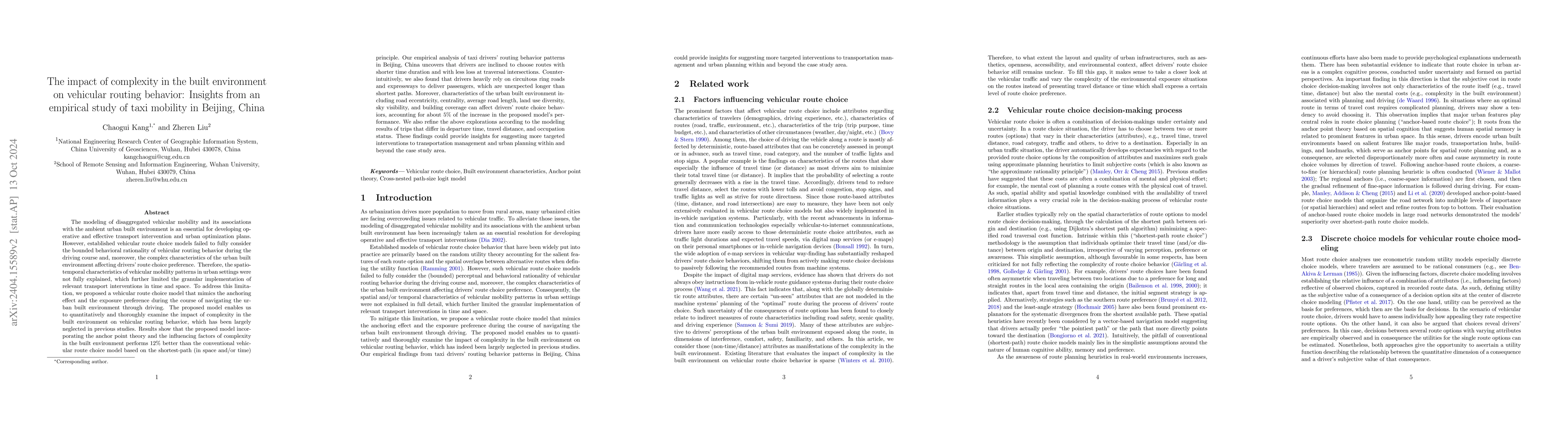 Thumbnail for The impact of complexity in the built environment on vehicular routing
  behavior: Insights from an empirical study of taxi mobility in Beijing, China