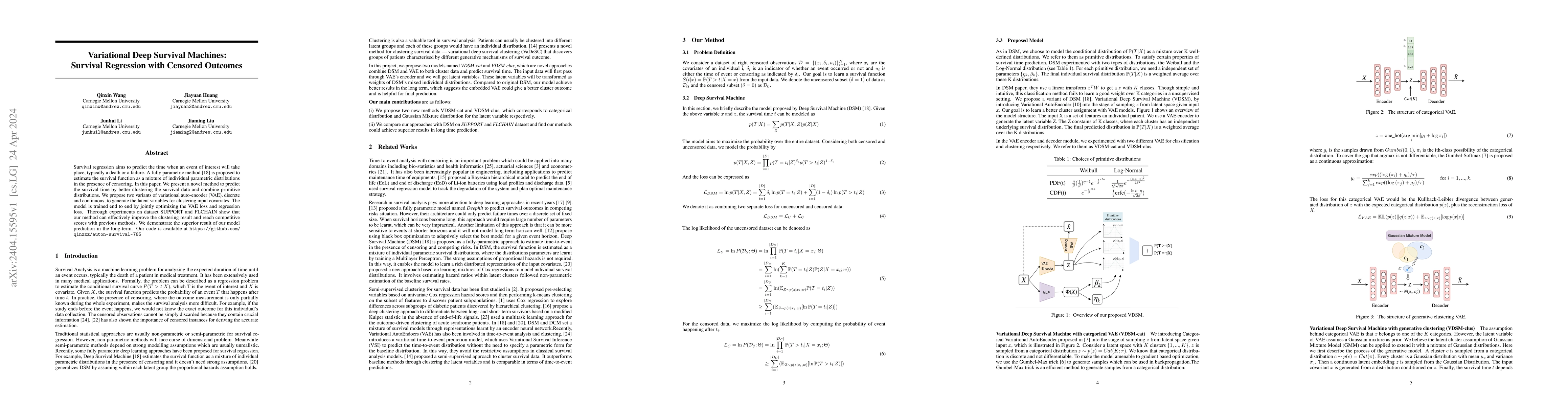 Thumbnail for Variational Deep Survival Machines: Survival Regression with Censored
  Outcomes