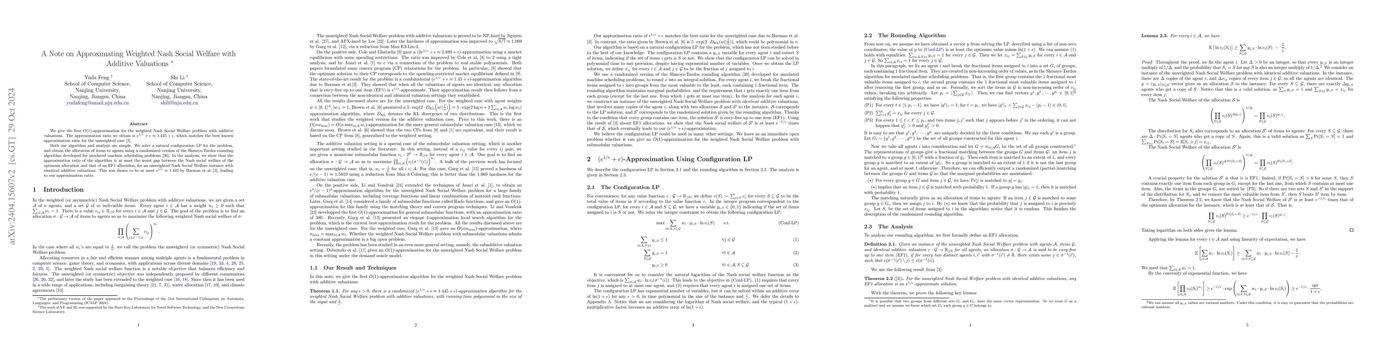 Thumbnail for A Note on Approximating Weighted Nash Social Welfare with Additive
  Valuations