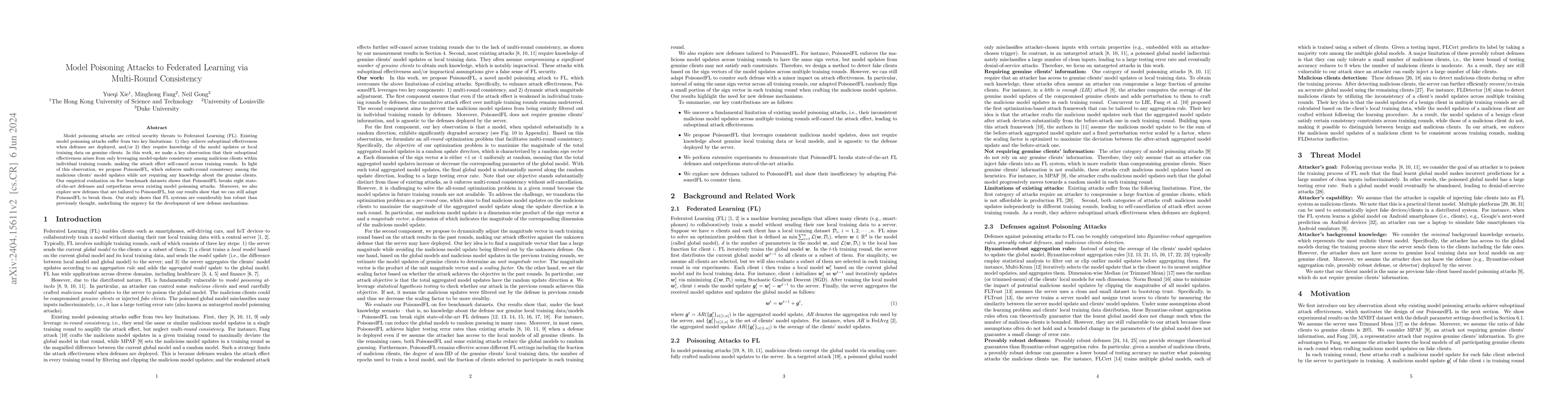 Thumbnail for Model Poisoning Attacks to Federated Learning via Multi-Round
  Consistency