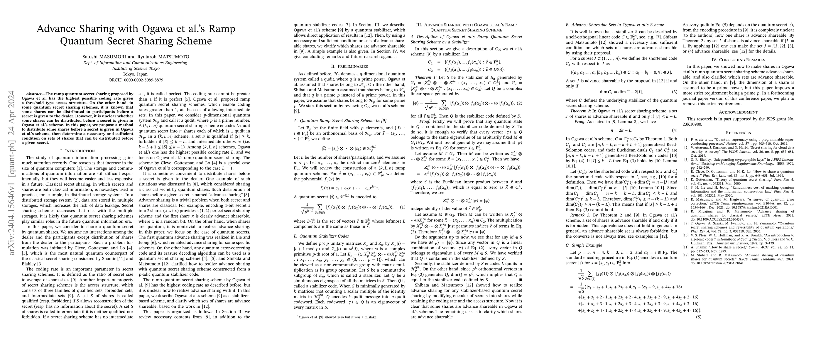 Thumbnail for Advance Sharing with Ogawa et al.'s Ramp Quantum Secret Sharing Scheme