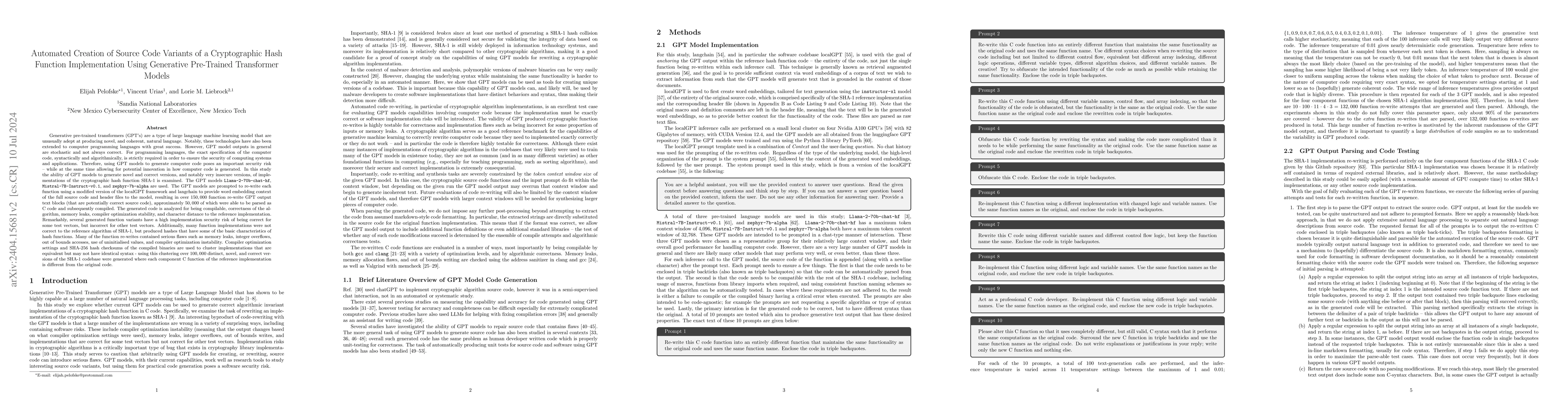 Thumbnail for Automated Creation of Source Code Variants of a Cryptographic Hash
  Function Implementation Using Generative Pre-Trained Transformer Models