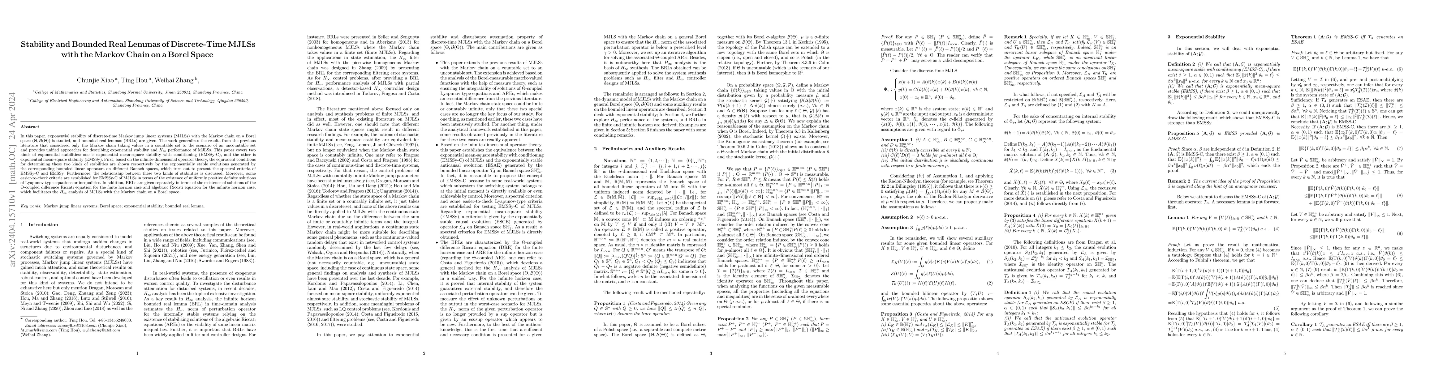 Thumbnail for Stability and Bounded Real Lemmas of Discrete-Time MJLSs with the Markov
  Chain on a Borel Space