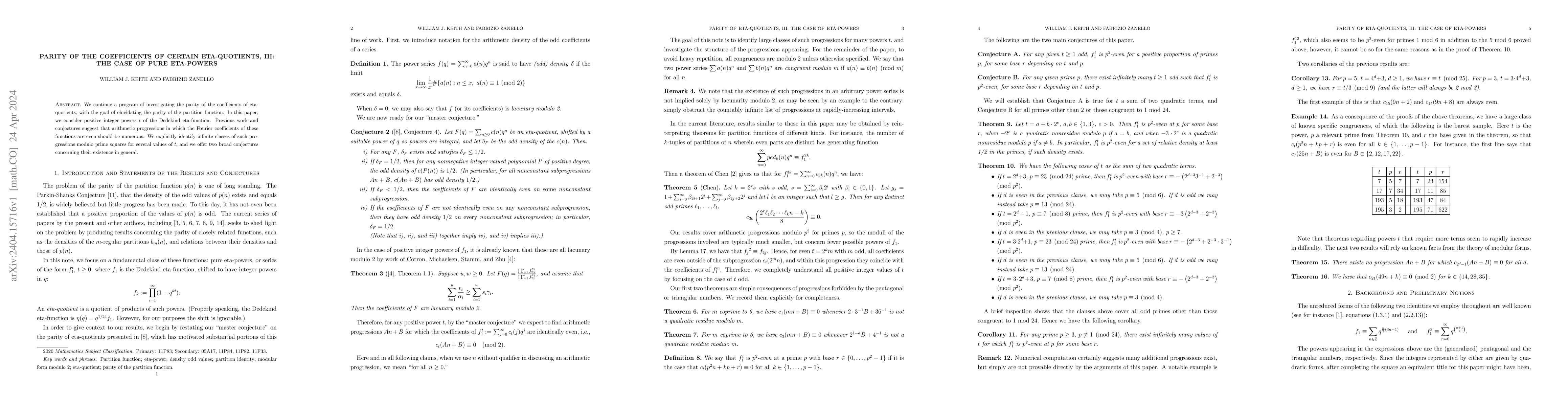 Thumbnail for Parity of the coefficients of certain eta-quotients, III: The case of
  pure eta-powers