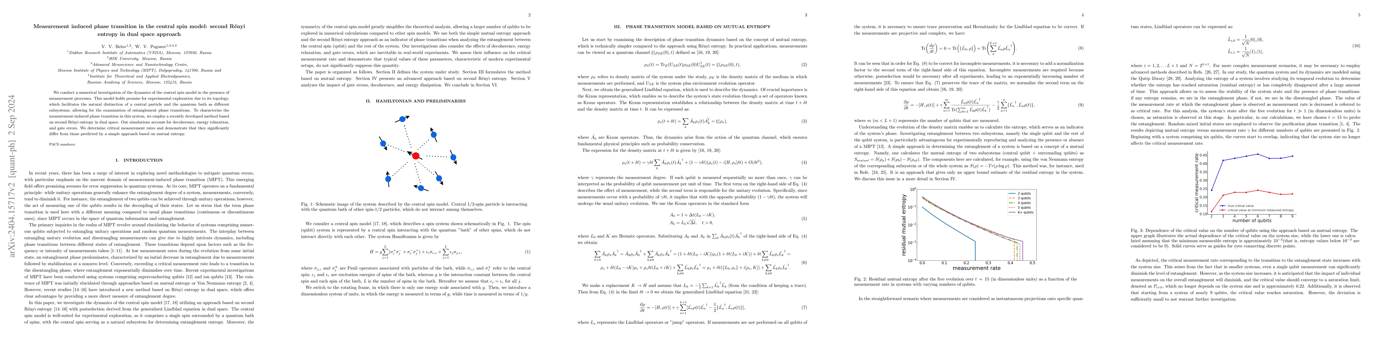 Thumbnail for Purification phase transition in the central spin model: second R\'enyi
  entropy in dual space approach