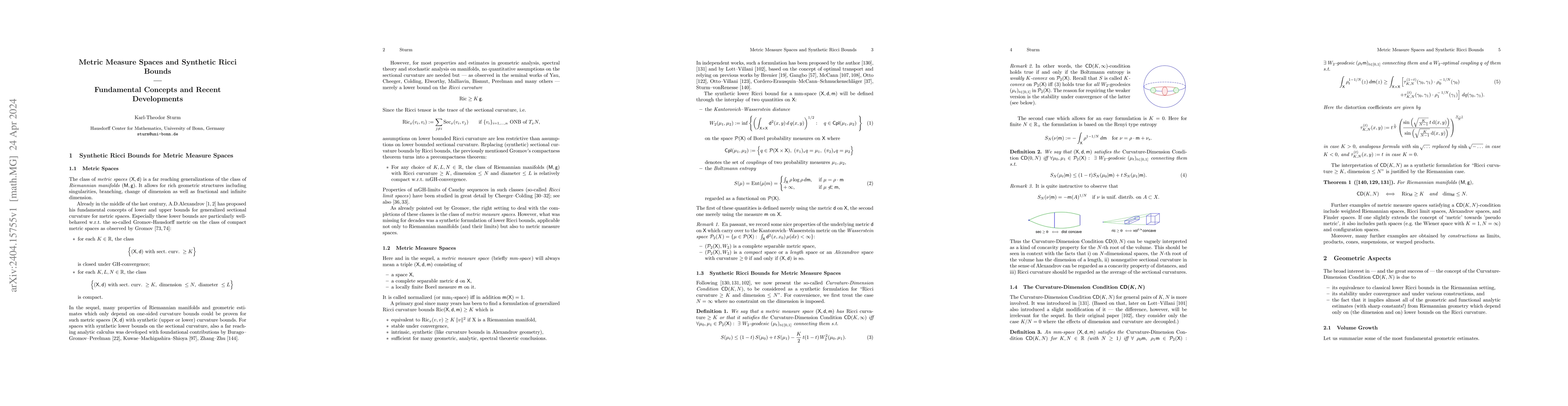 Thumbnail for Metric Measure Spaces and Synthetic Ricci Bounds -- Fundamental Concepts
  and Recent Developments