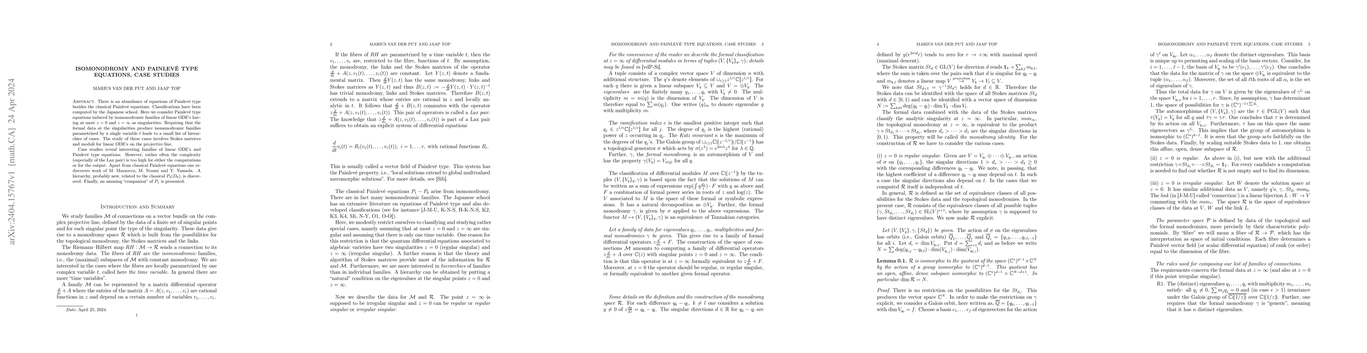 Thumbnail for Isomonodromy and Painlev\'e type equations, Case Studies