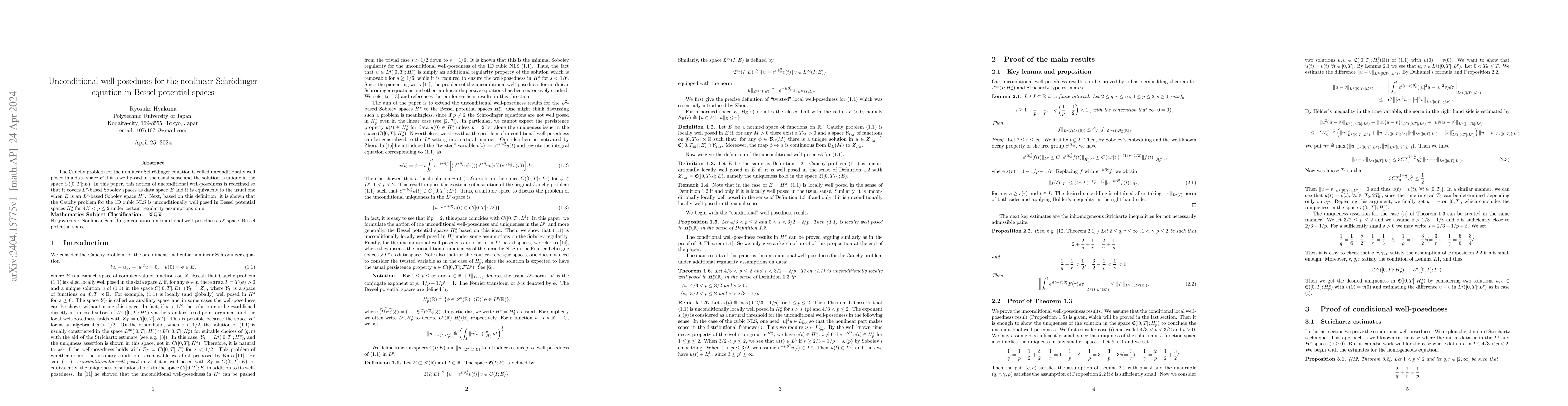 Thumbnail for Unconditional well-posedness for the nonlinear Schr\"odinger equation in
  Bessel potential spaces