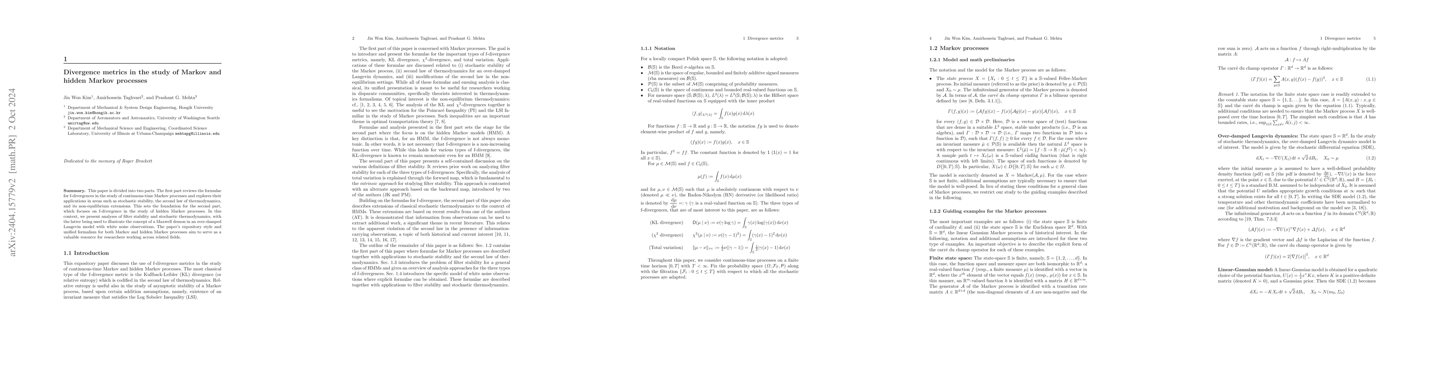 Thumbnail for Divergence metrics in the study of Markov and hidden Markov processes