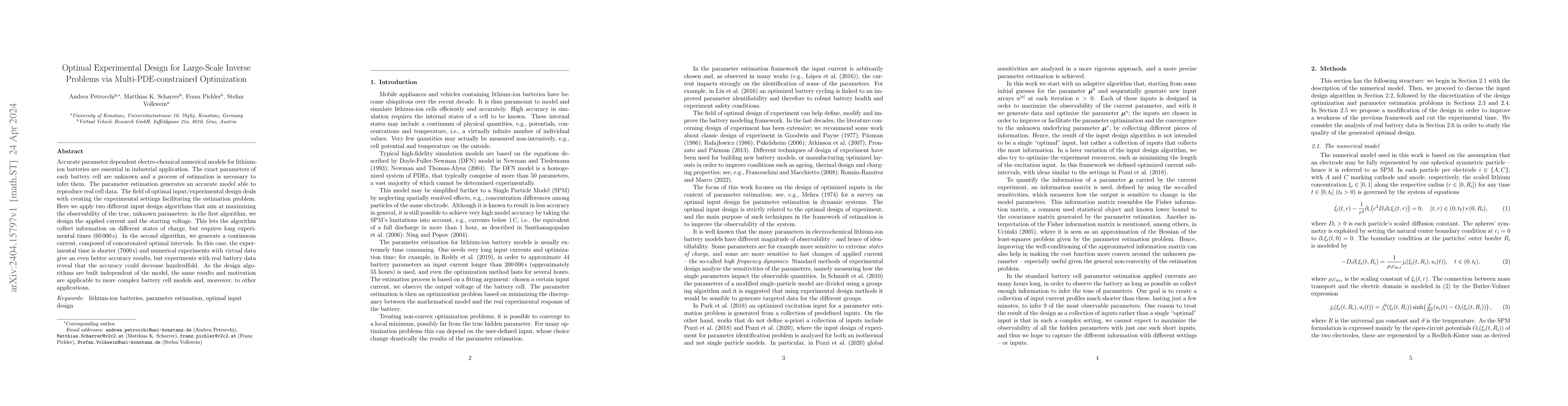 Thumbnail for Optimal Experimental Design for Large-Scale Inverse Problems via
  Multi-PDE-constrained Optimization