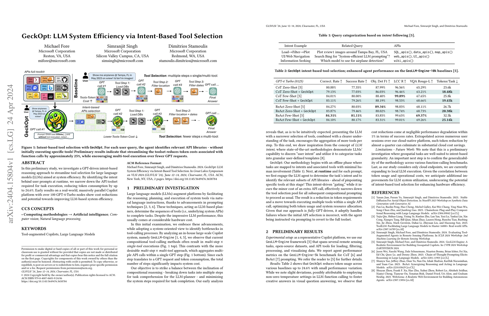 Thumbnail for GeckOpt: LLM System Efficiency via Intent-Based Tool Selection