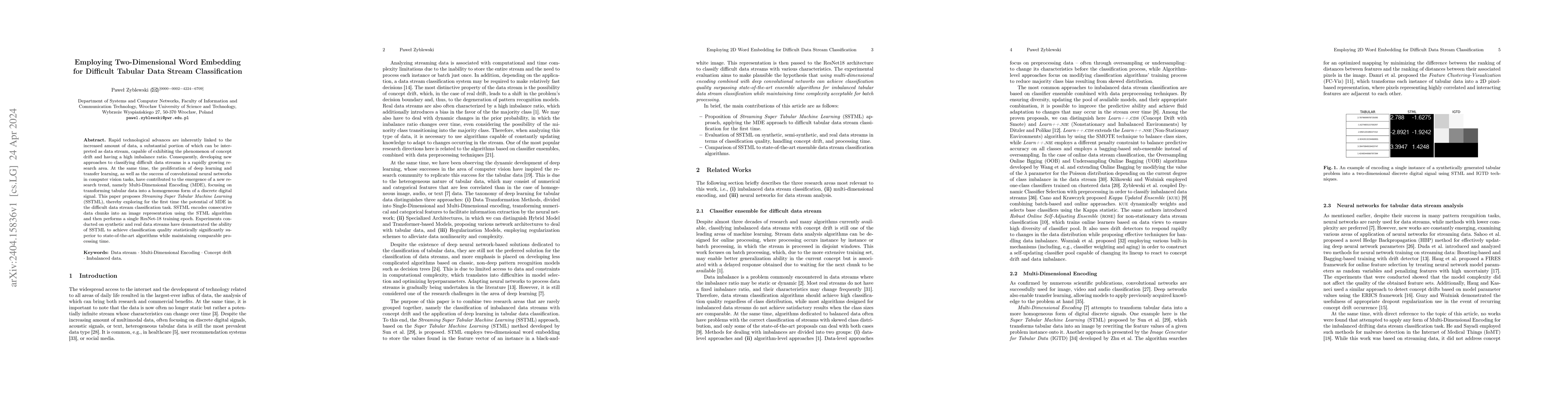 Thumbnail for Employing Two-Dimensional Word Embedding for Difficult Tabular Data
  Stream Classification