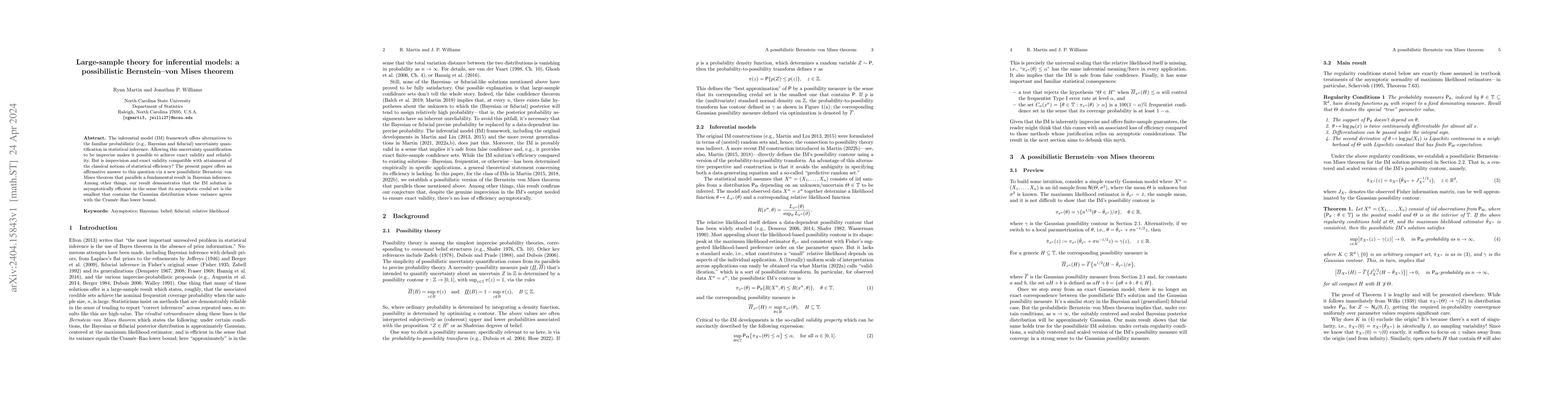 Thumbnail for Large-sample theory for inferential models: a possibilistic
  Bernstein--von Mises theorem