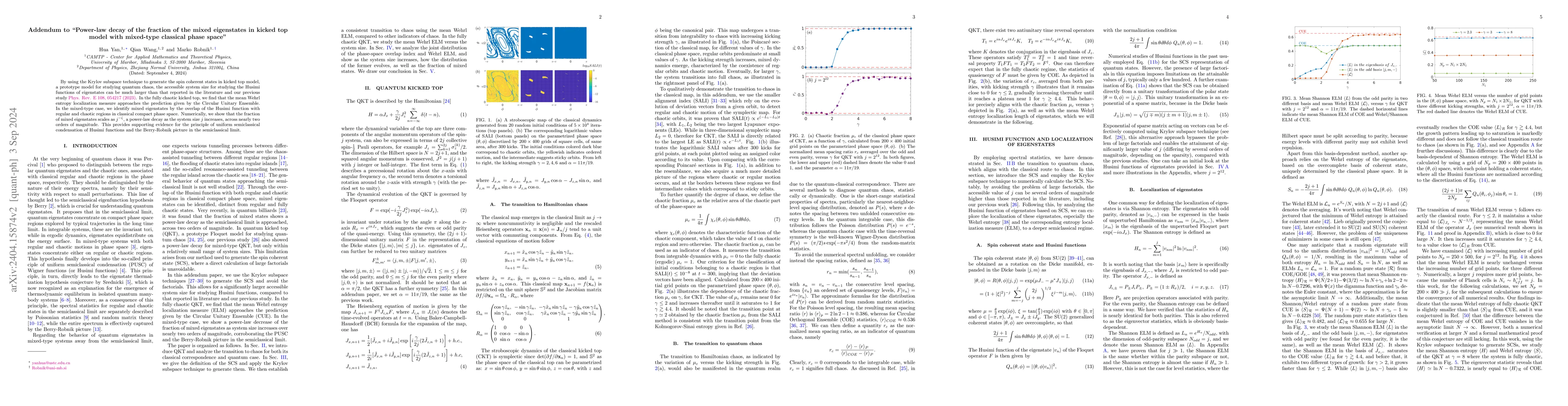 Thumbnail for Addendum to "Power-law decay of the fraction of the mixed eigenstates in
  kicked top model with mixed-type classical phase space"