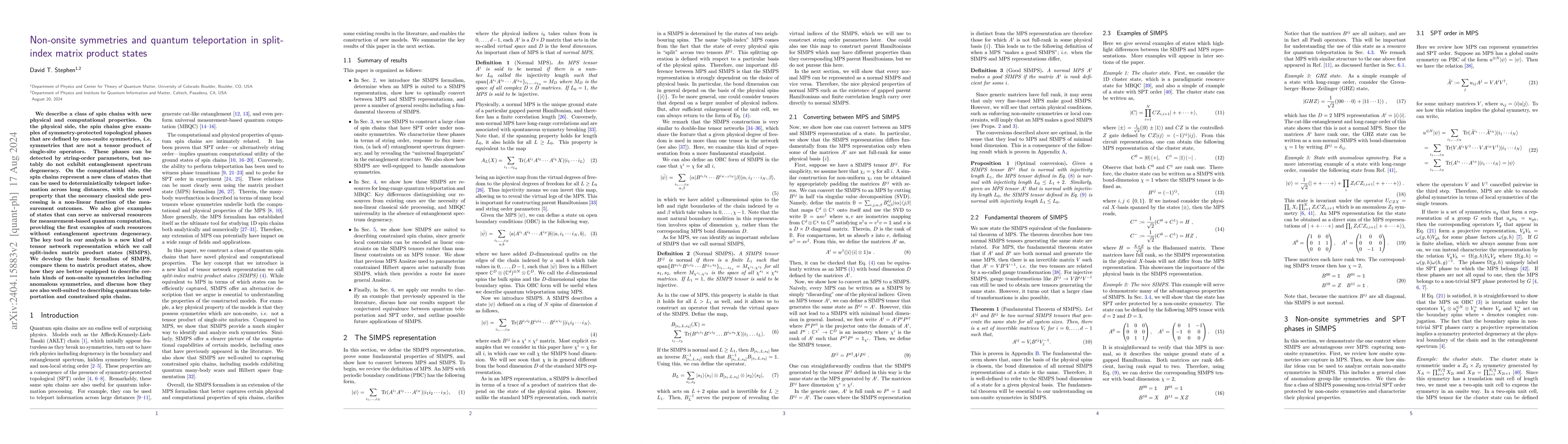 Thumbnail for Non-onsite symmetries and quantum teleportation in split-index matrix
  product states