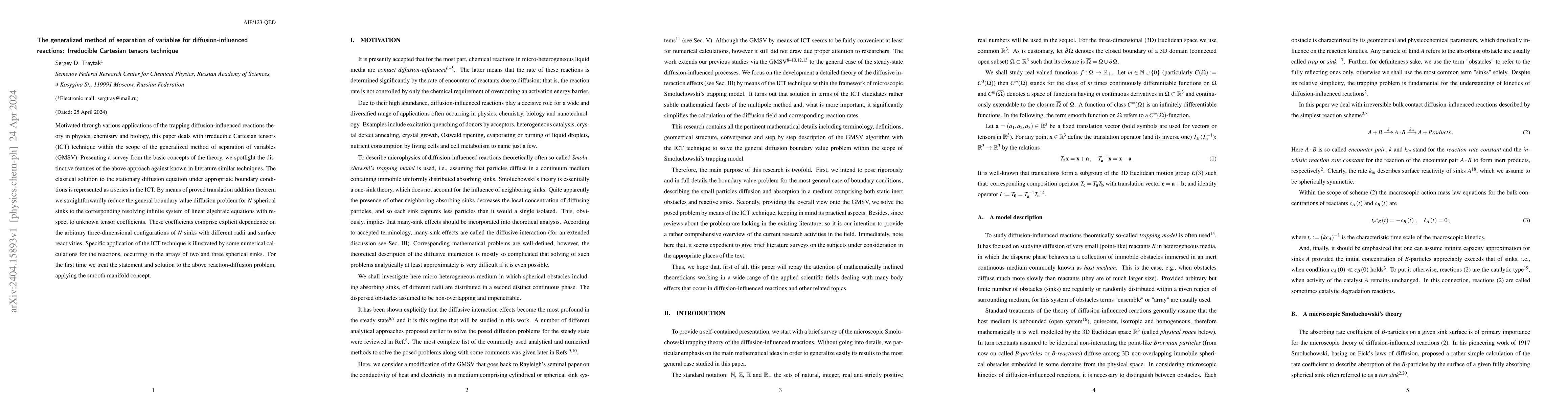 Thumbnail for The generalized method of separation of variables for
  diffusion-influenced reactions: Irreducible Cartesian tensors technique