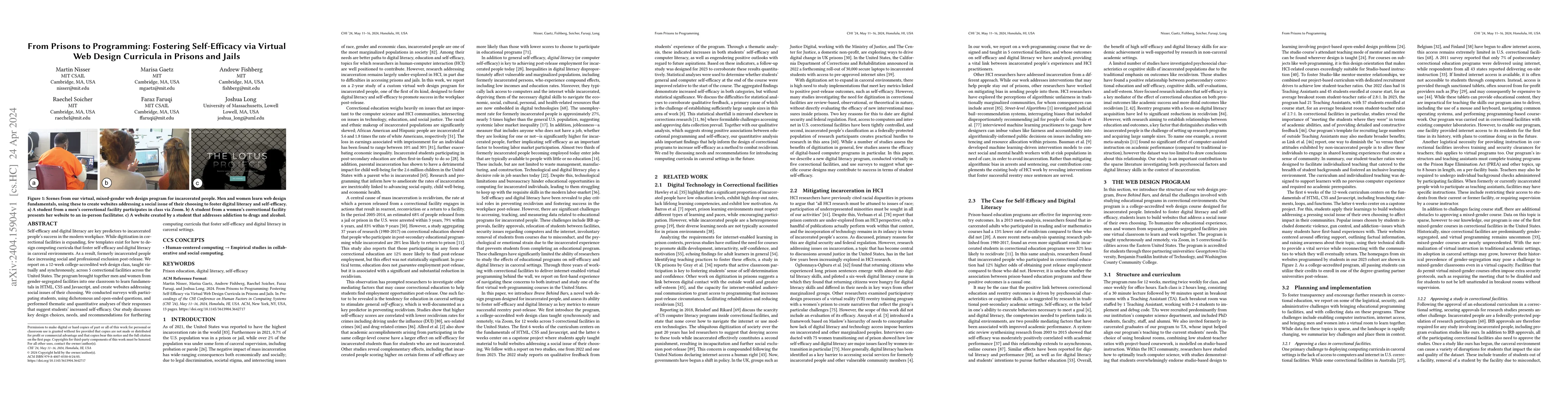 Thumbnail for From Prisons to Programming: Fostering Self-Efficacy via Virtual Web
  Design Curricula in Prisons and Jails