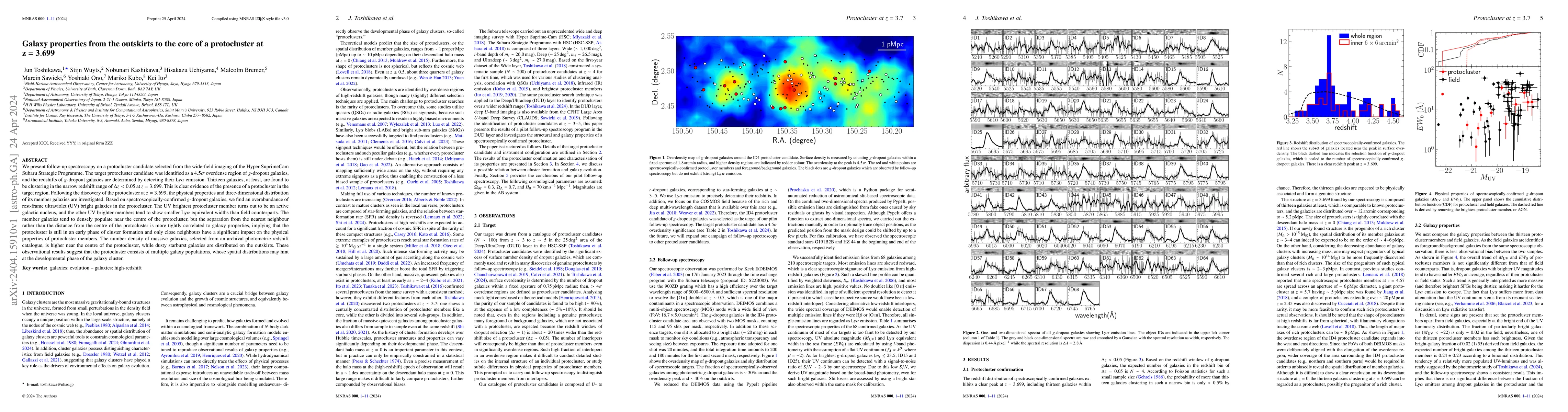 Thumbnail for Galaxy properties from the outskirts to the core of a protocluster at
  z=3.699