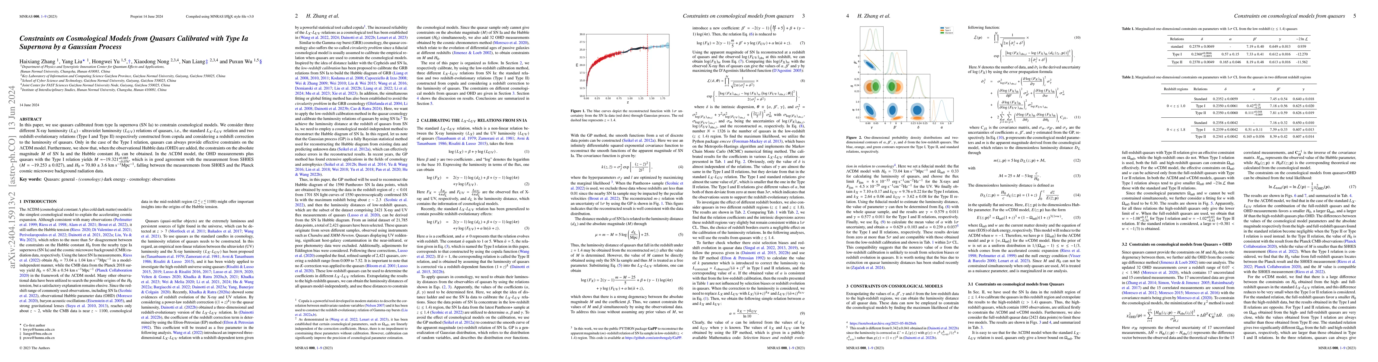 Thumbnail for Constraints on Cosmological Models from Quasars Calibrated with Type Ia
  Supernova by a Gaussian Process